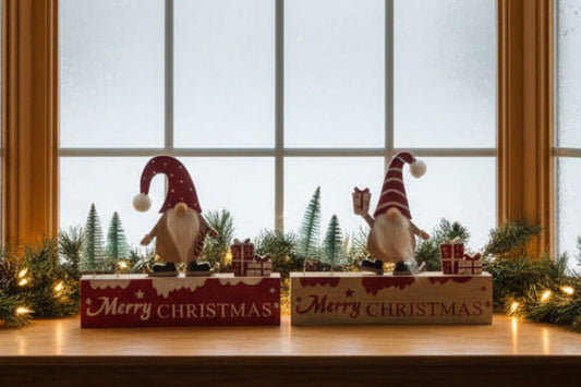 Two Christmas-themed decorative tabletop signs with gnomes, small trees, and wrapped gifts, one on a red base and one on a light wood base, both with 'Merry Christmas' text, photographed on a white background.