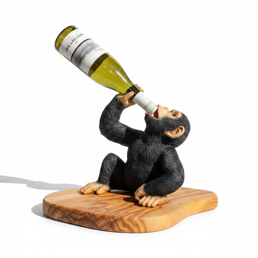 Black Up Yours Monkey Wine Bottle Holder with Heart Shaped Olive Wood Board