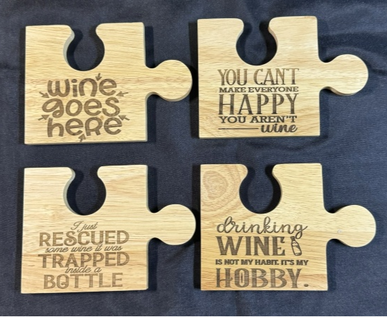 Set 4 Wine Themed Rubberwood Jigsaw Coasters