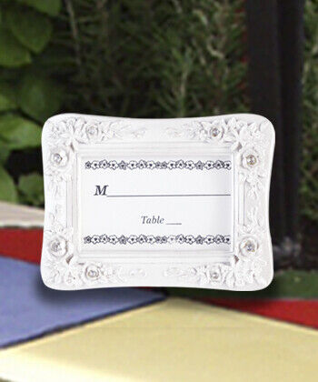 White Wedding Place Card / Photo Frame with Rhinestones