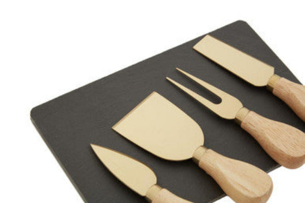 Carter Slate Board And 4 Piece Cheese Knife Set In Gold Finish
