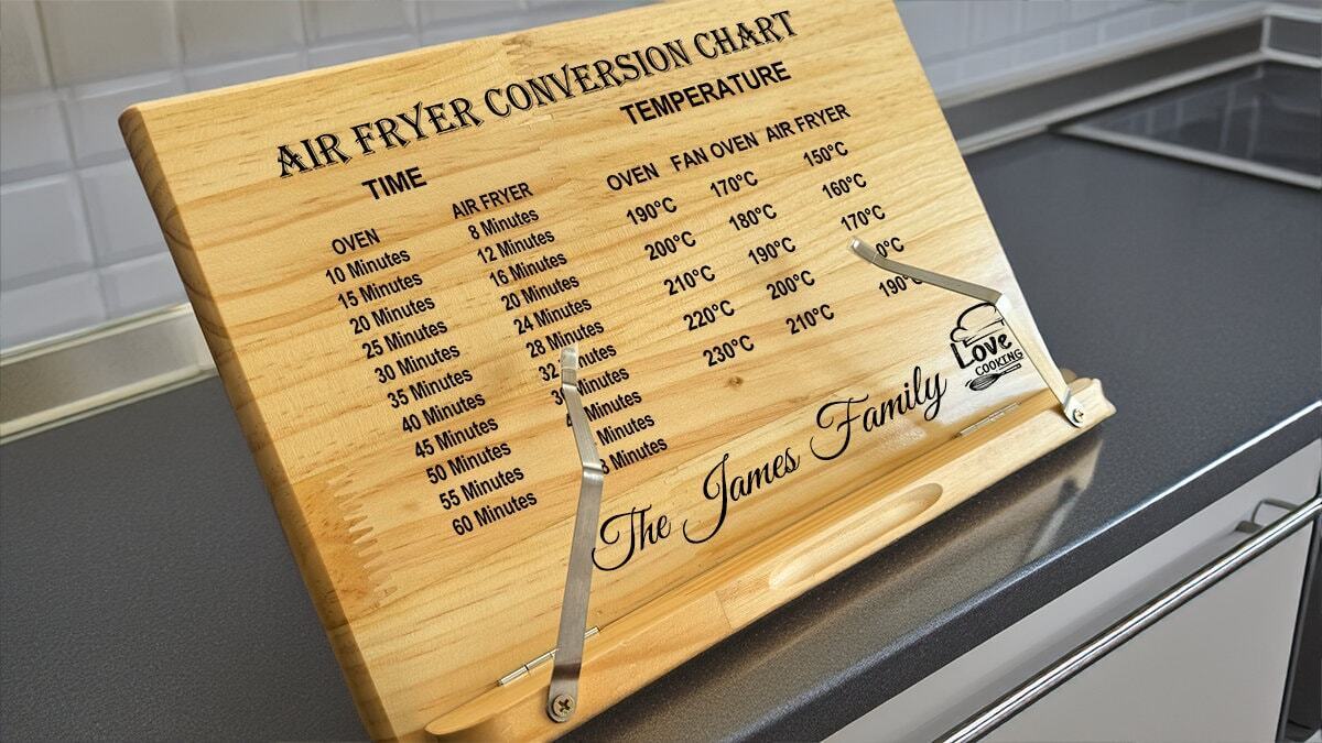 Personalised Wooden Cook Book Stand with Air Fryer Conversion Chart