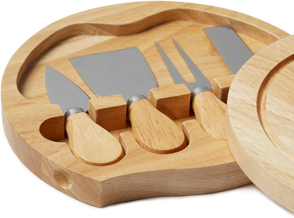 Round Cheese Board & 4 Pce Knife Serving Set