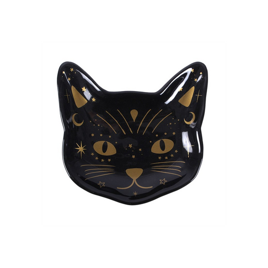 Black cat-face trinket dish with large eyes and gold starburst design