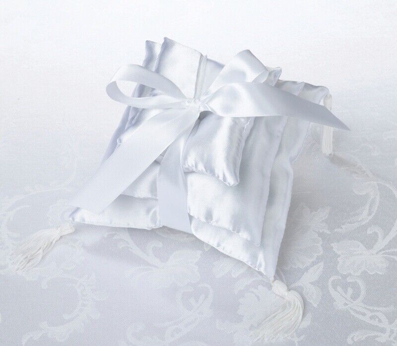 3 Stacked White Shiny Satin Ring Pillows