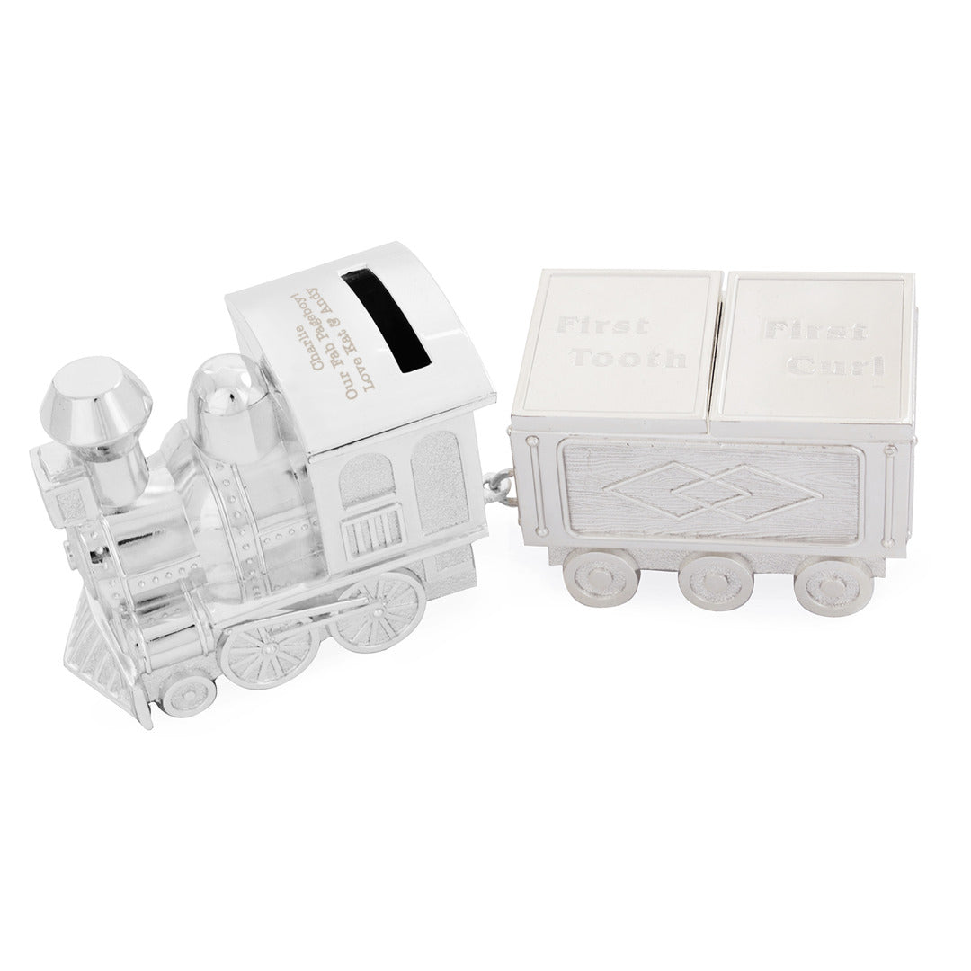 Personalised Silver Plated Train Money Box with Tooth & Curl Trinket Box