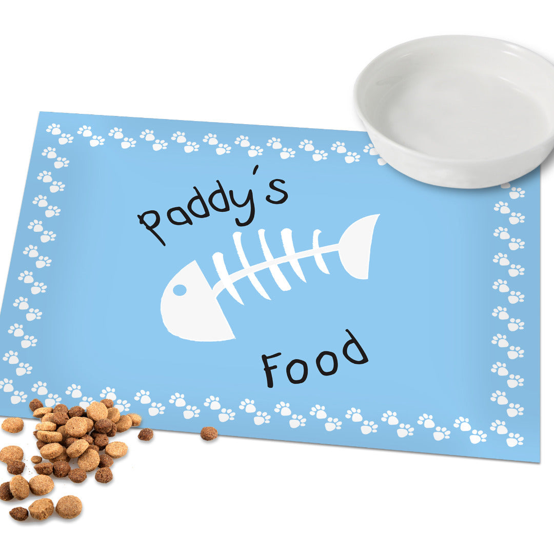 Personalised Fish Bone Cat Bowl Feeding Mat ~ Pink or Blue
