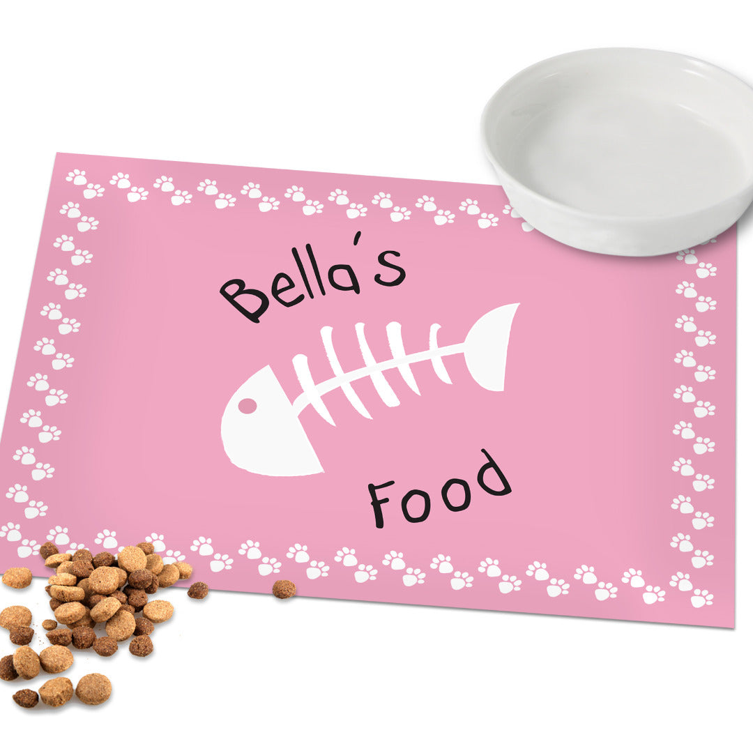 Personalised Fish Bone Cat Bowl Feeding Mat ~ Pink or Blue