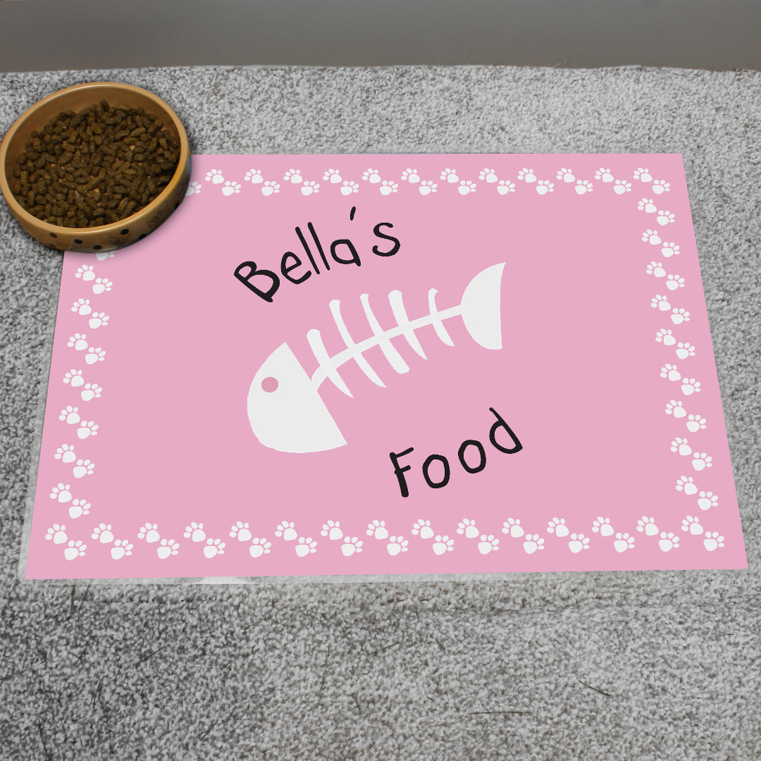Personalised Fish Bone Cat Bowl Feeding Mat ~ Pink or Blue