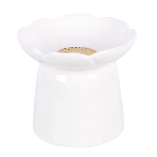 White ceramic peony oil burner top dish with brass-centered wick holder