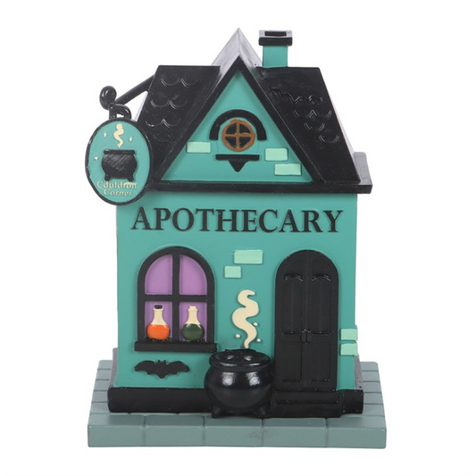 House-shaped incense cone holder, teal front with black roof, door, and burner