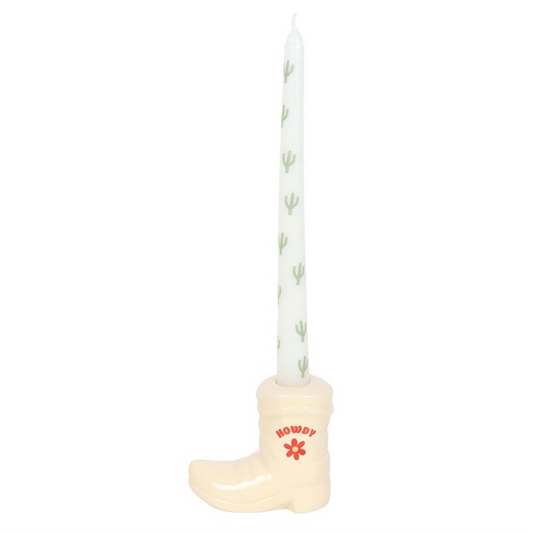 White Cowboy Boot Candle Holder with Taper Candle