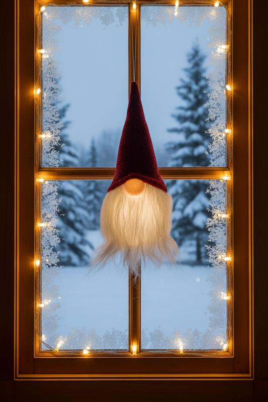 A hanging gnome ornament with a dark red glittery pointed hat, a pale pink nose, and a fluffy white beard hanging in a window.