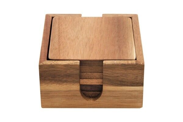Acacia Wood Square Coaster 6pce Set with Square Holder
