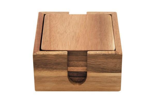 Acacia Wood Square Coaster 6pce Set with Square Holder