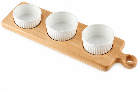 Rubberwood Dip Serving Board Platter with 3 Ramekins