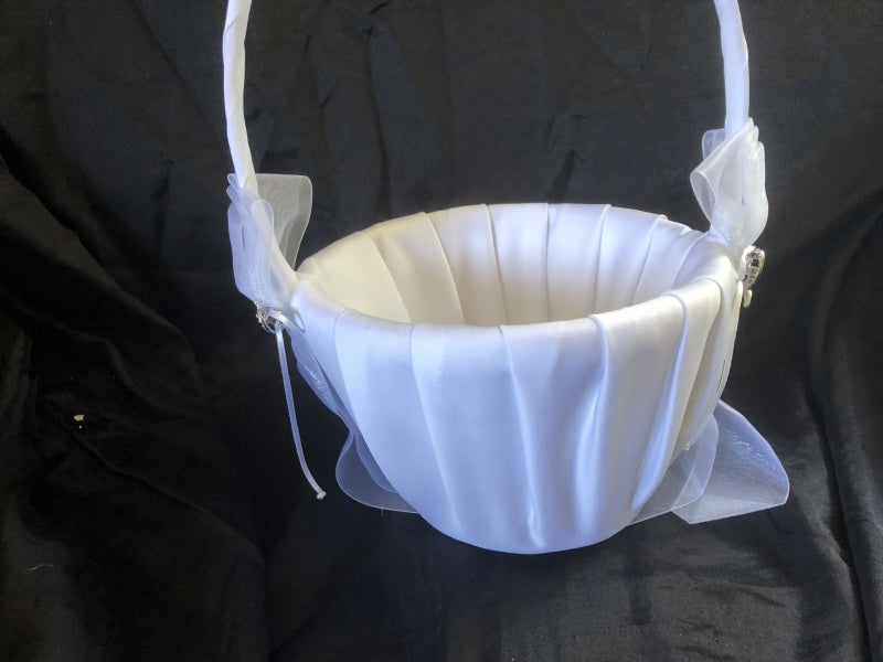 White Satin Flower Basket with Diamante Interlocking Hearts Decoration