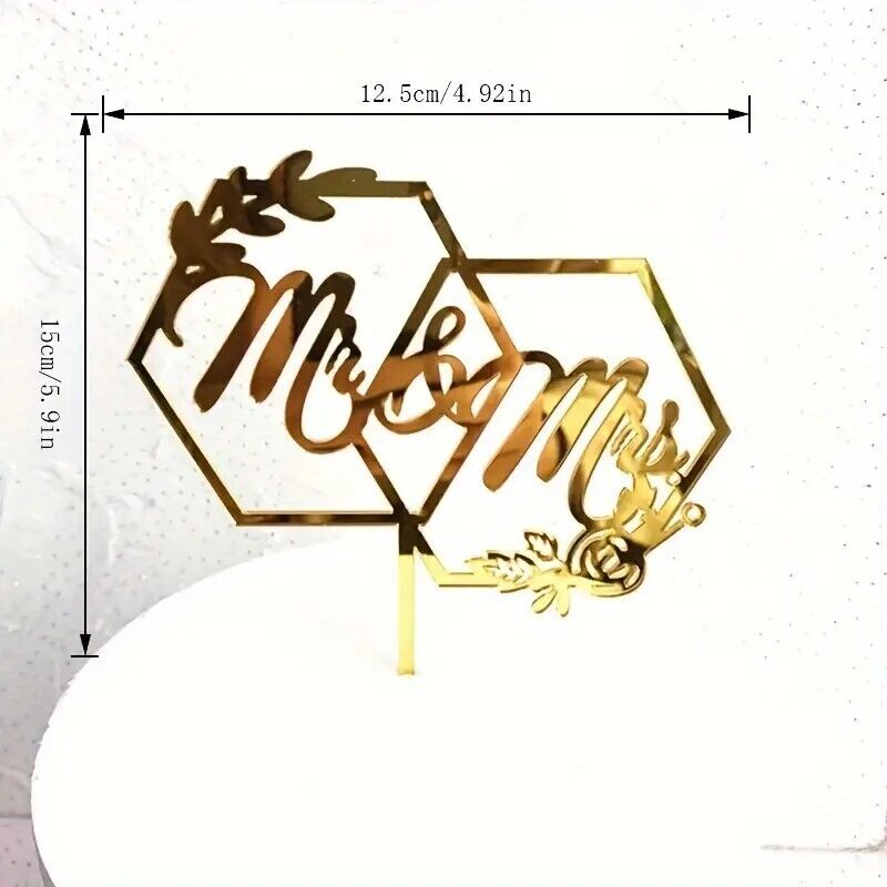 Mr & Mrs Hexagonal Gold Cake Topper, Wedding Cake Decoration