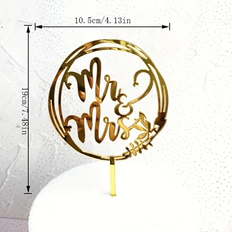 Mr & Mrs Round Gold Cake Topper, Wedding Cake Decoration