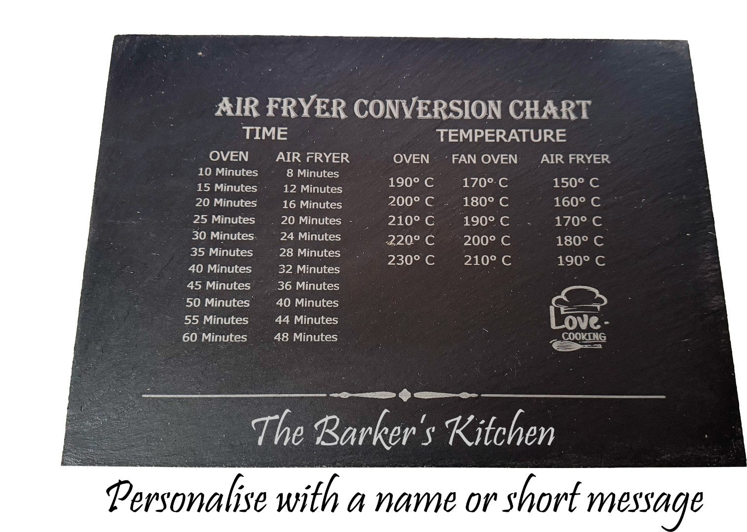 Personalised Large Slate Worktop Saver with Air Fryer Conversion Chart
