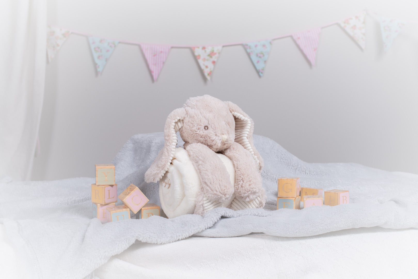Plush Rabbit with Cream Baby Blanket - New Baby / Christening Gift