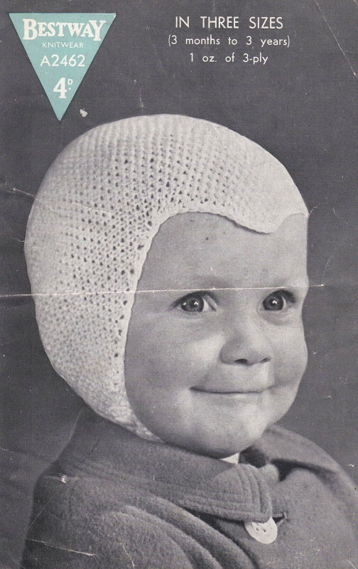 Vintage Bestway Knitting Pattern A2462: Baby's Peaked Helmet & Pole Bonnet