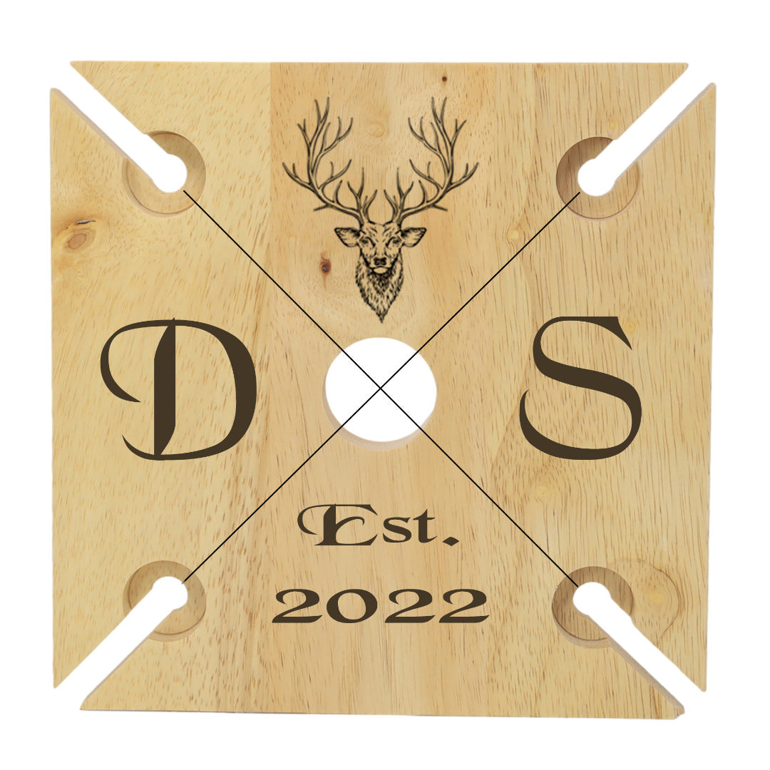 Personalised Stag Design Wooden Wine Bottle & 4 Glass Holder Display Rack