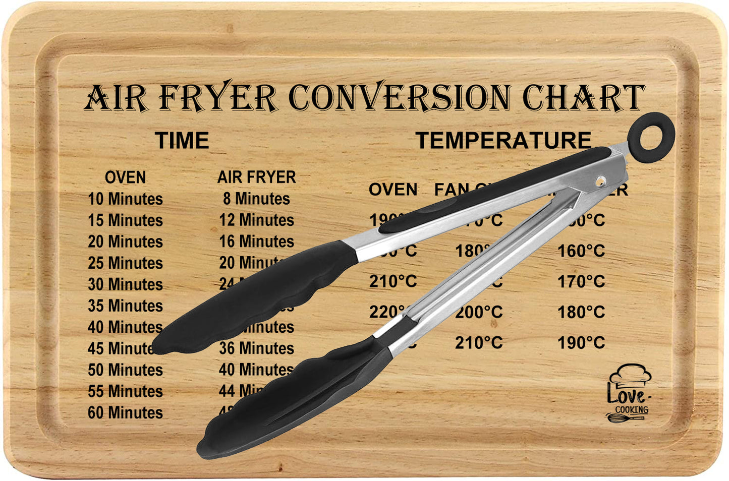 Rubberwood Chopping Board with Air Fryer Conversion Chart With Tongs