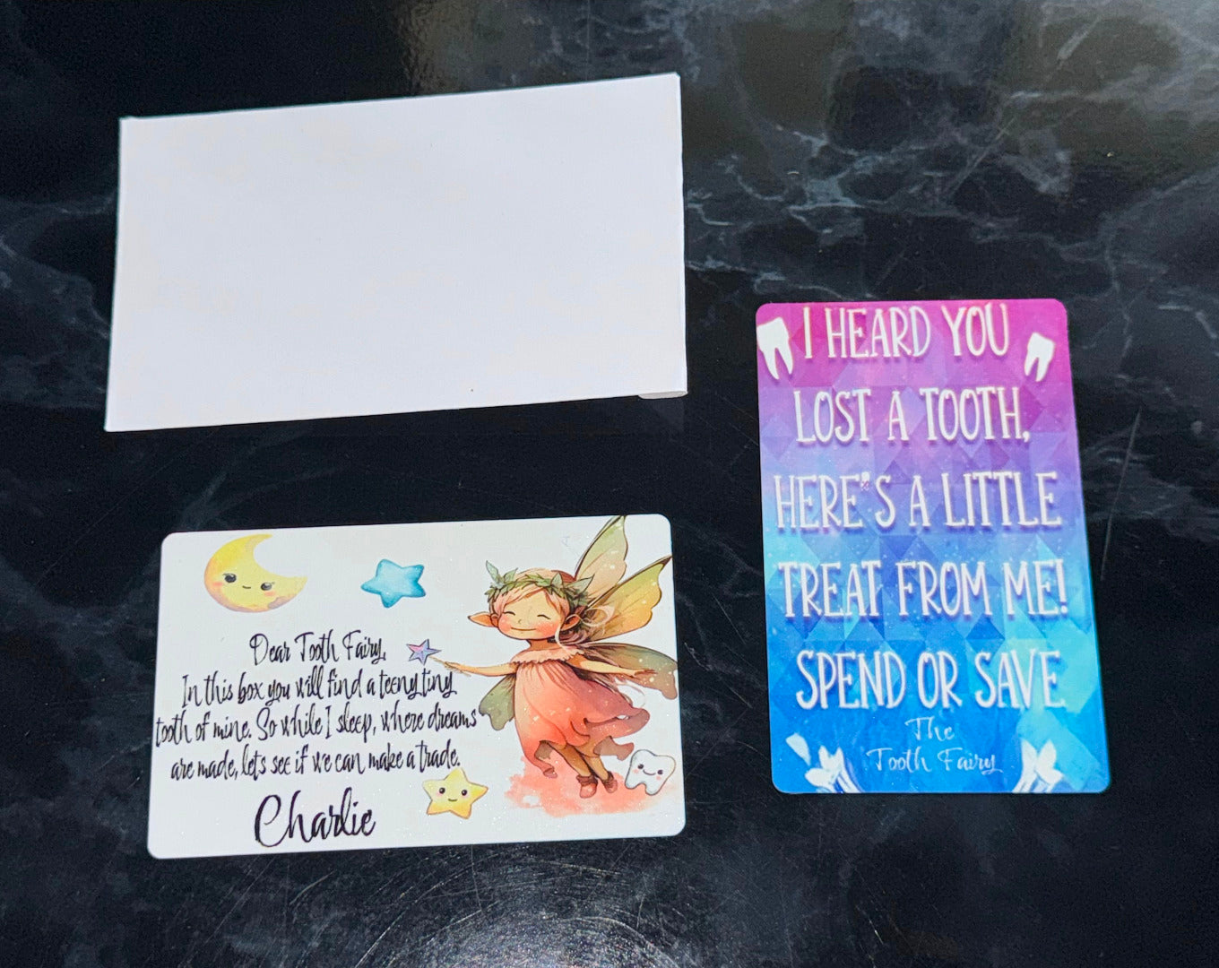 Personalised Pine Tooth Fairy Box, Cards & Black Velvet Keepsake Pouch