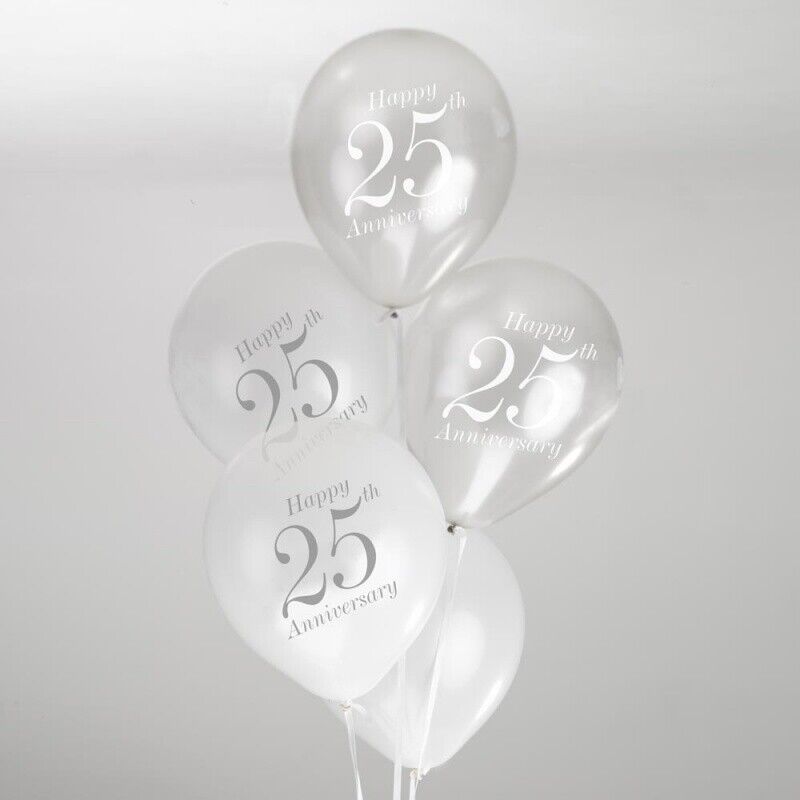 Vintage Romance - 25th Anniversary Balloons - White/Silver - Pack of 8