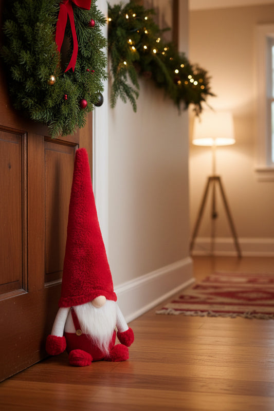 A plush Christmas gnome doll with a tall, fluffy red hat, white beard, and red-and-white outfit.