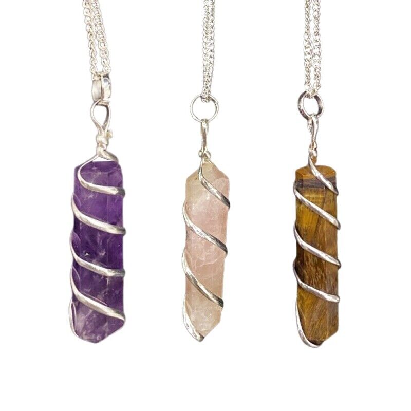 Wire Wrapped Crystal Gemstone Pencil Pendant on Chain