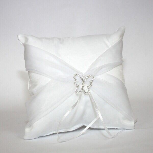 Satin Ring Pillow with Sash & Rhinestone Butterfly Buckle ~ Ivory / White