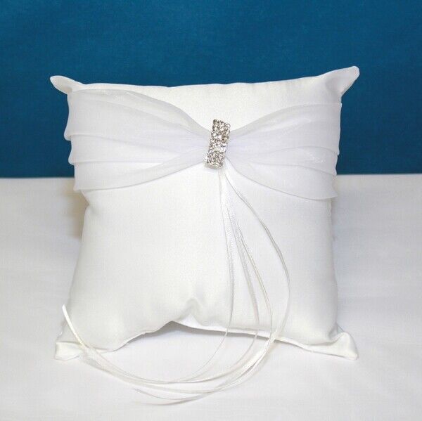Satin Ring Pillow with Sash & Rhinestone Accent ~ Ivory / White