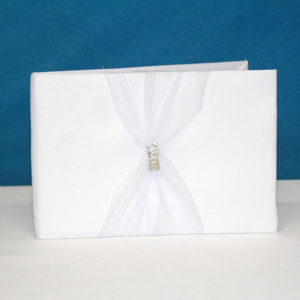 Rhinstone Satin Guest Book with Organza Sash - White