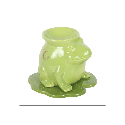 Lime green frog-shaped oil burner with glossy finish and wide rim opening