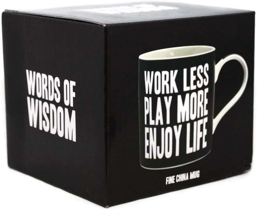 Fine china mug with white quote WORK LESS PLAY MORE ENJOY LIFE in black gift box