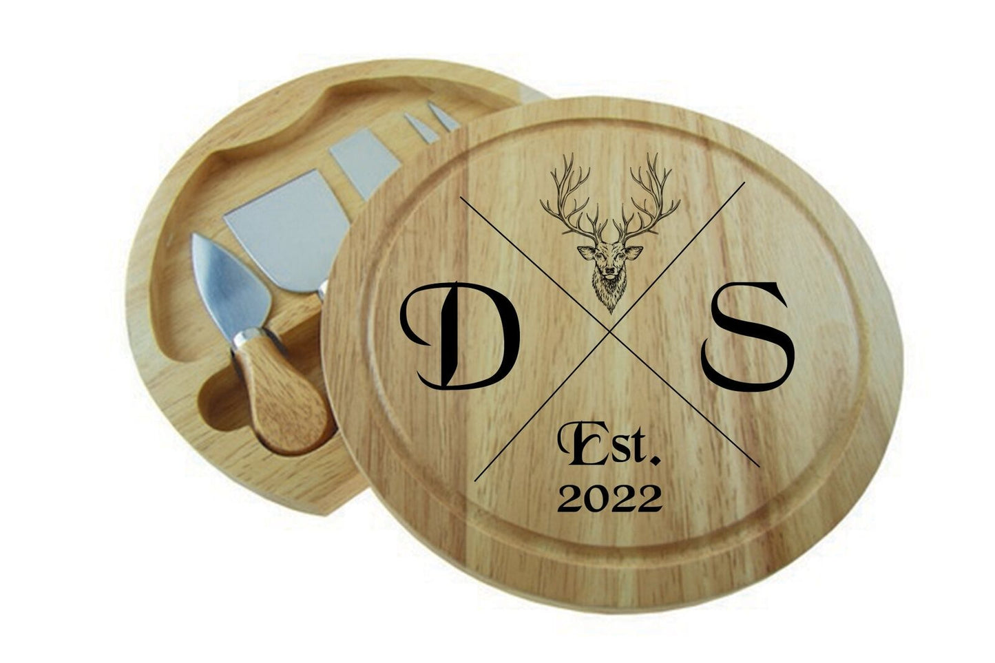 Personalised Round Cheese Board with 4 Piece Cheese Serving Set - Stag