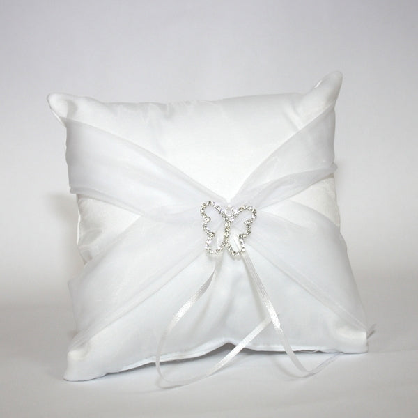 Satin Ring Pillow with Sash & Rhinestone Butterfly Buckle ~ Ivory / White