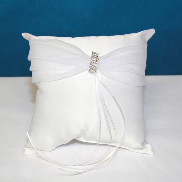 Satin Ring Pillow with Sash & Rhinestone Accent ~ Ivory / White