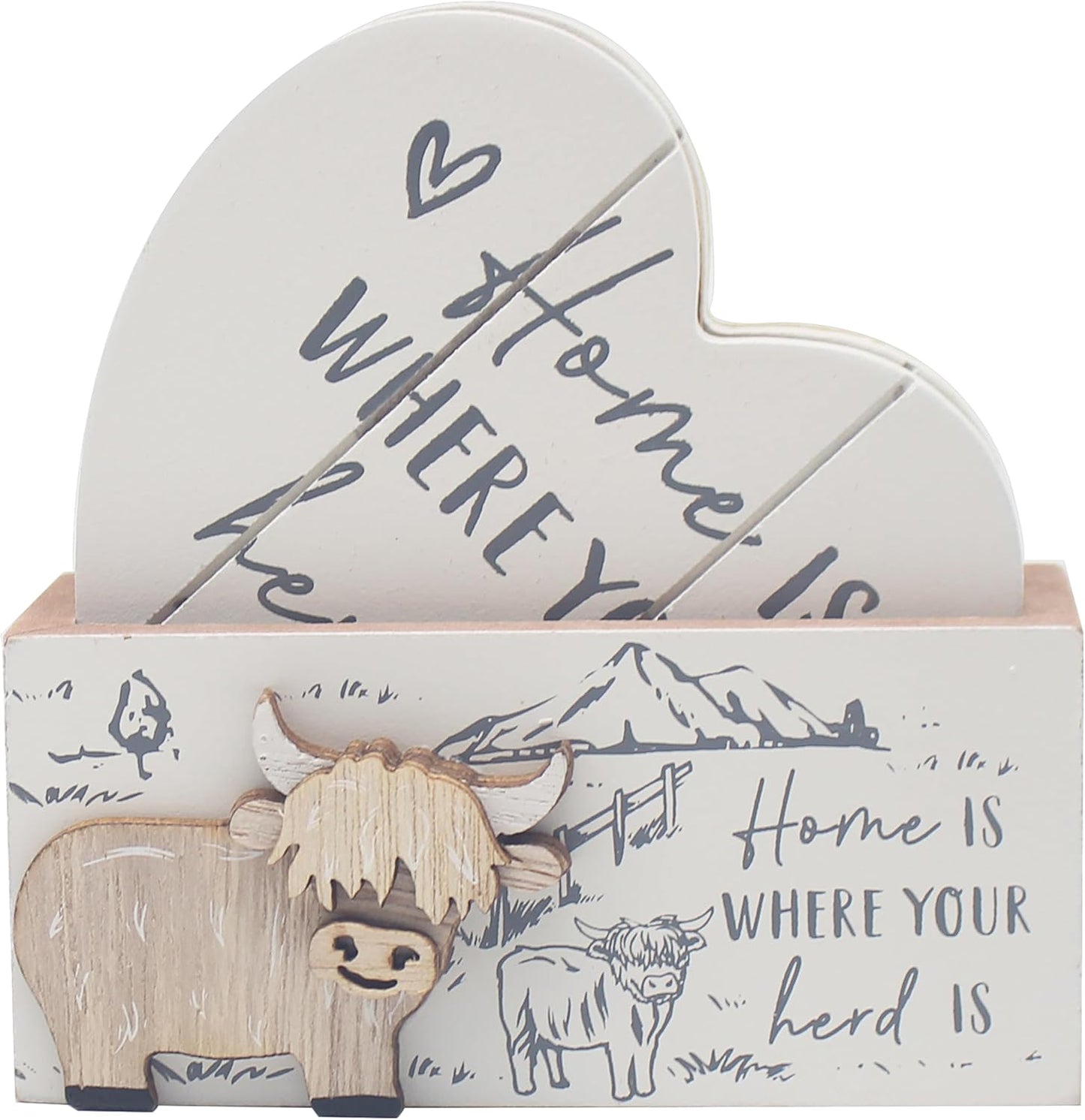 Love & Affection Highland Cow Wooden Coaster Set For Home & Kitchen