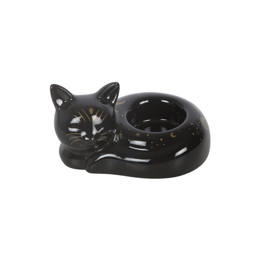 Curled black cat ceramic tealight holder with gold moon and star details
