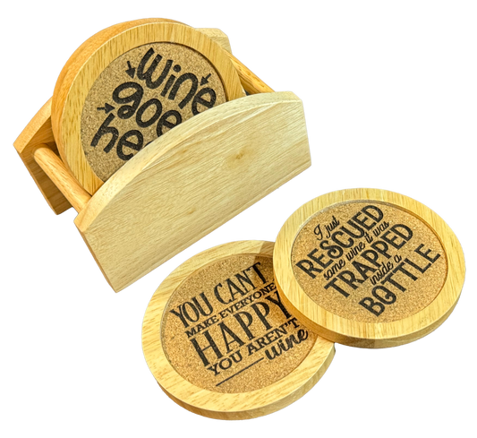 Wine Themed Rubberwood Coaster Set with Stand