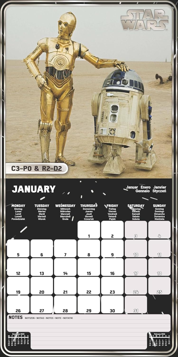 Star Wars 2026 Square Wall Calendar – Official 16-Month Sci-Fi Calendar Featuring Iconic Characters