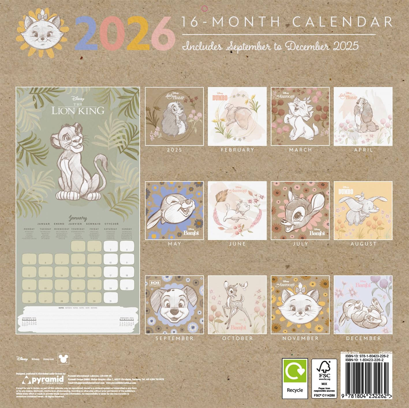 DISNEY CLASSICS (Artist Series) 2026 Square Wall Calendar – Official 16-Month Calendar Featuring Artistic Disney Characters