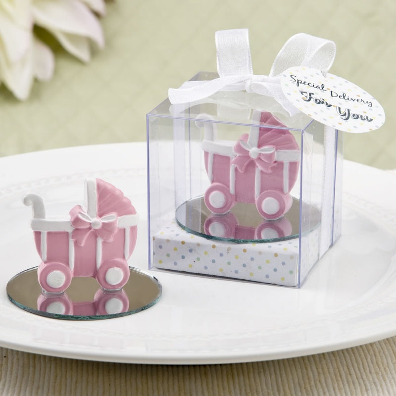 Baby Carriage, Stroller Design Favor With A Round Glass Mirror Bottom Base