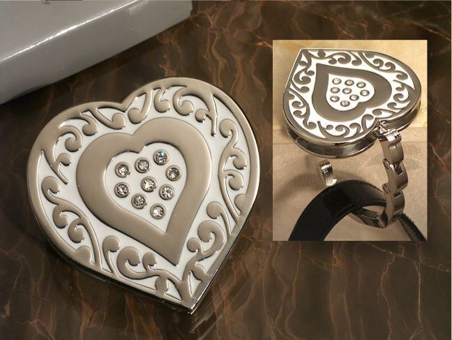 Silver Heart Shaped Handbag Hanger with Crystals