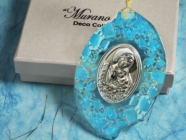Cassiani Murano Glass Hanging Plaque, Madonna & Child, Blue