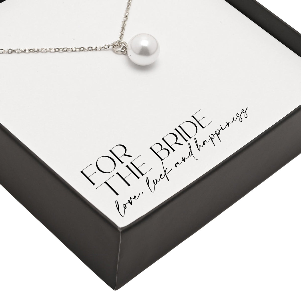 Silver-plated chain and round faux pearl pendant on gift box insert