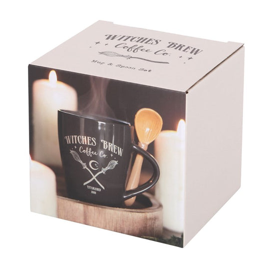 Mug and spoon set with 'Witches Brew Coffee Co.' branding in a decorative box.